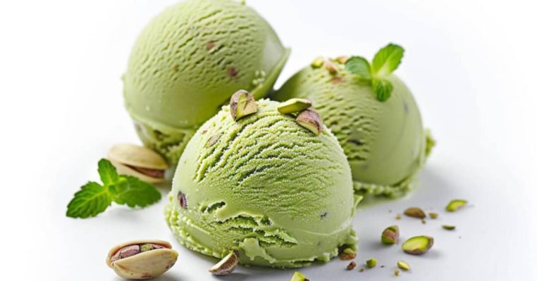 Pistachio ice cream, rich, nutty