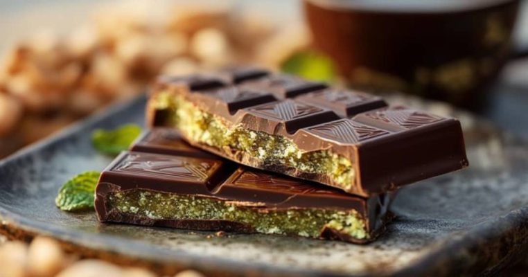 A crunchy pistachio chocolate bar coated in rich chocolate – crisp, bold, and irresistible