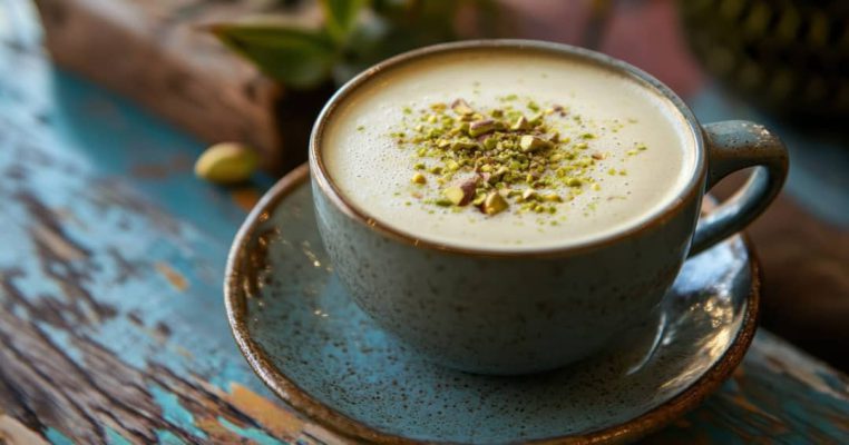 A creamy cup of pistachio coffee topped with crushed pistachios A creamy cup of pistachio coffee topped with crushed pistachios