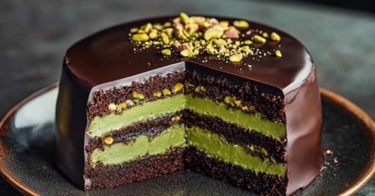 Indulge in the rich layers of pistachio milk cake topped with silky chocolate — pure dessert bliss!
